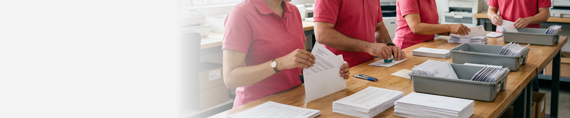 Mitarbeitende sortieren und kuvertieren Briefe für den Lettershop-Versand.
