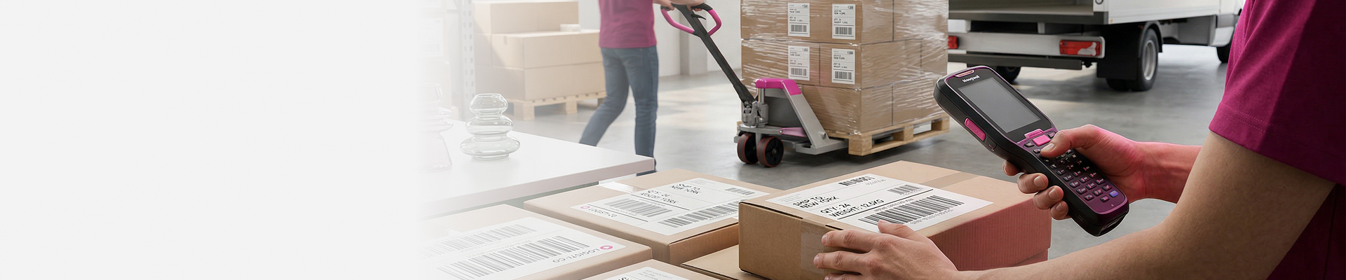 Mitarbeiter scannt Versandetiketten auf Paketen im Logistikbereich.