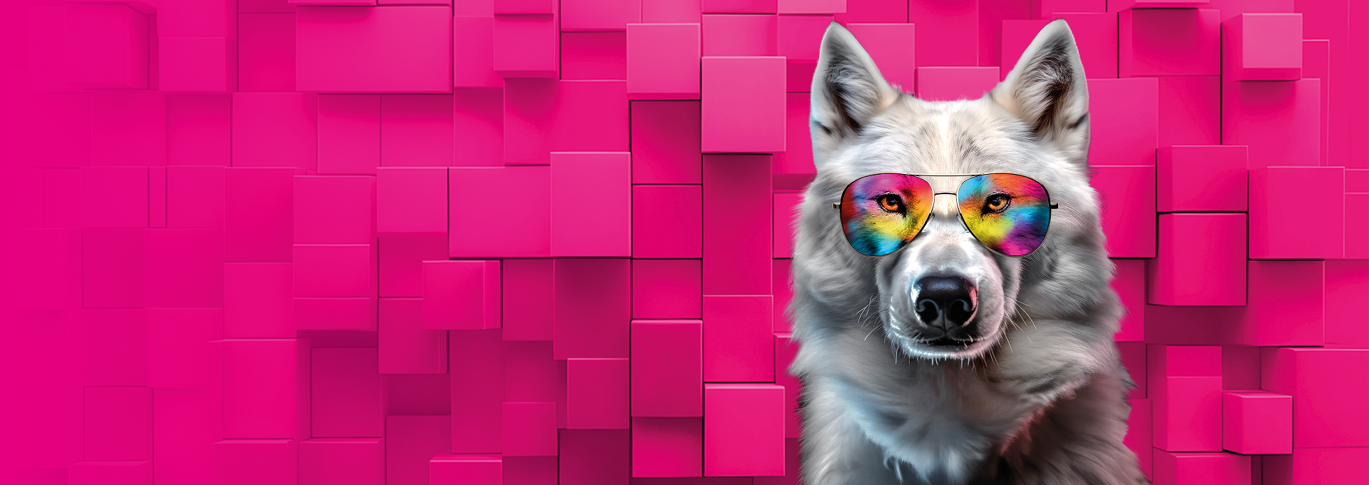 Weißer Wolf mit bunter Sonnenbrille vor pinkem 3D-Würfel-Hintergrund.