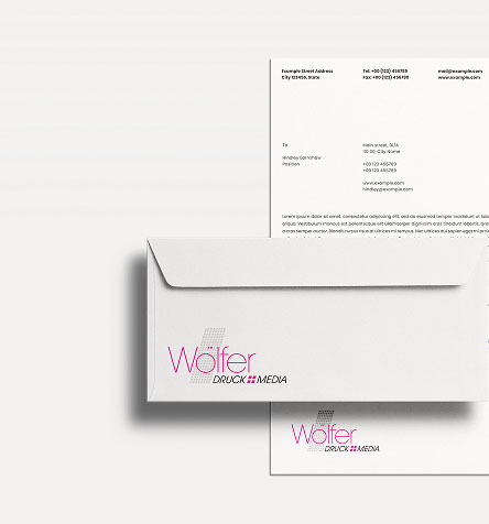 Briefbogen und Umschlag von Wölfer Druck+Media als Beispiel für Lettershop und Mailings.